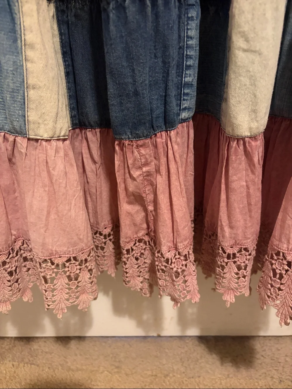 YOUNG THREADS Tiered Pink Patchwork Maxi Skirt with Crochet Hem Brand New Small - Picture 2 of 7